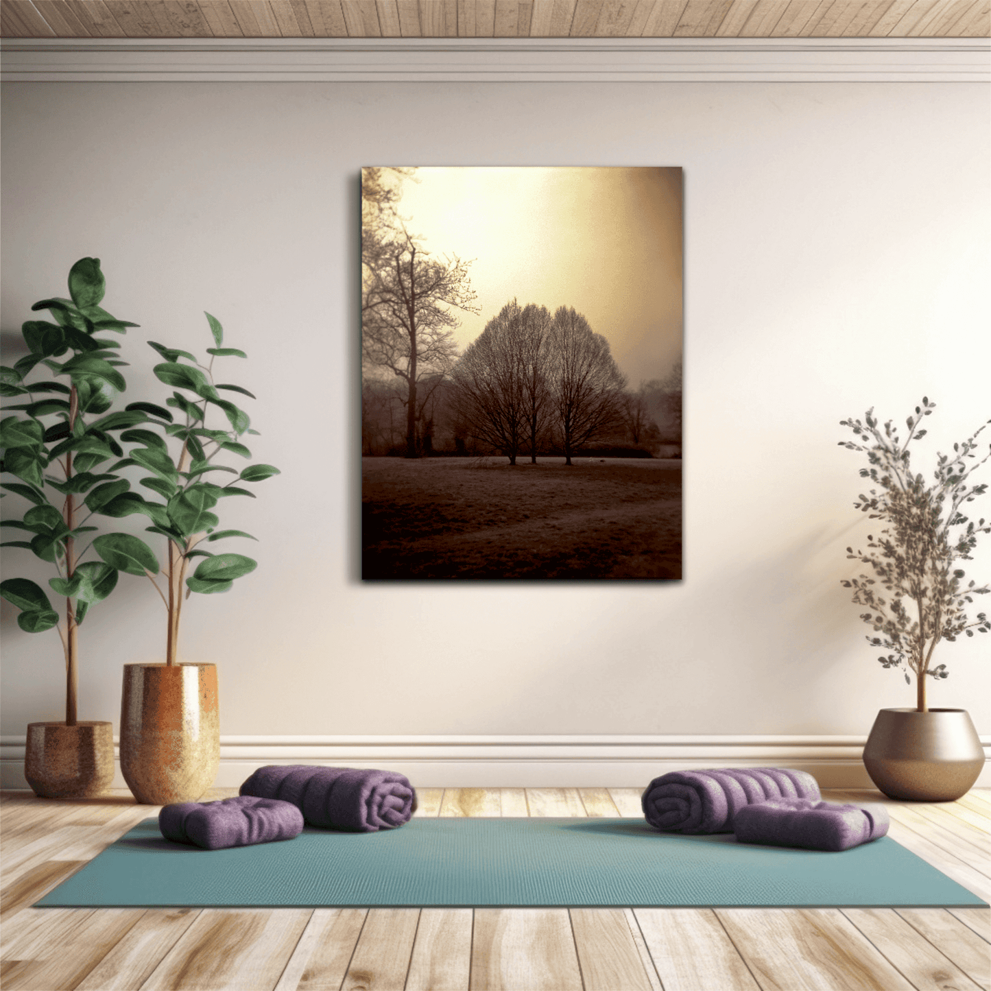 Hyde Park Meadow – Trees and Figures | Holga Film Print from London mounted in a yoga room, enhancing a peaceful space with soft golden light and nature.