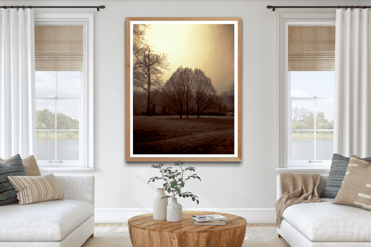 Hyde Park Meadow – Trees and Figures | Holga Film Print from London framed between windows in a bright sitting room, blending nature with elegant decor.