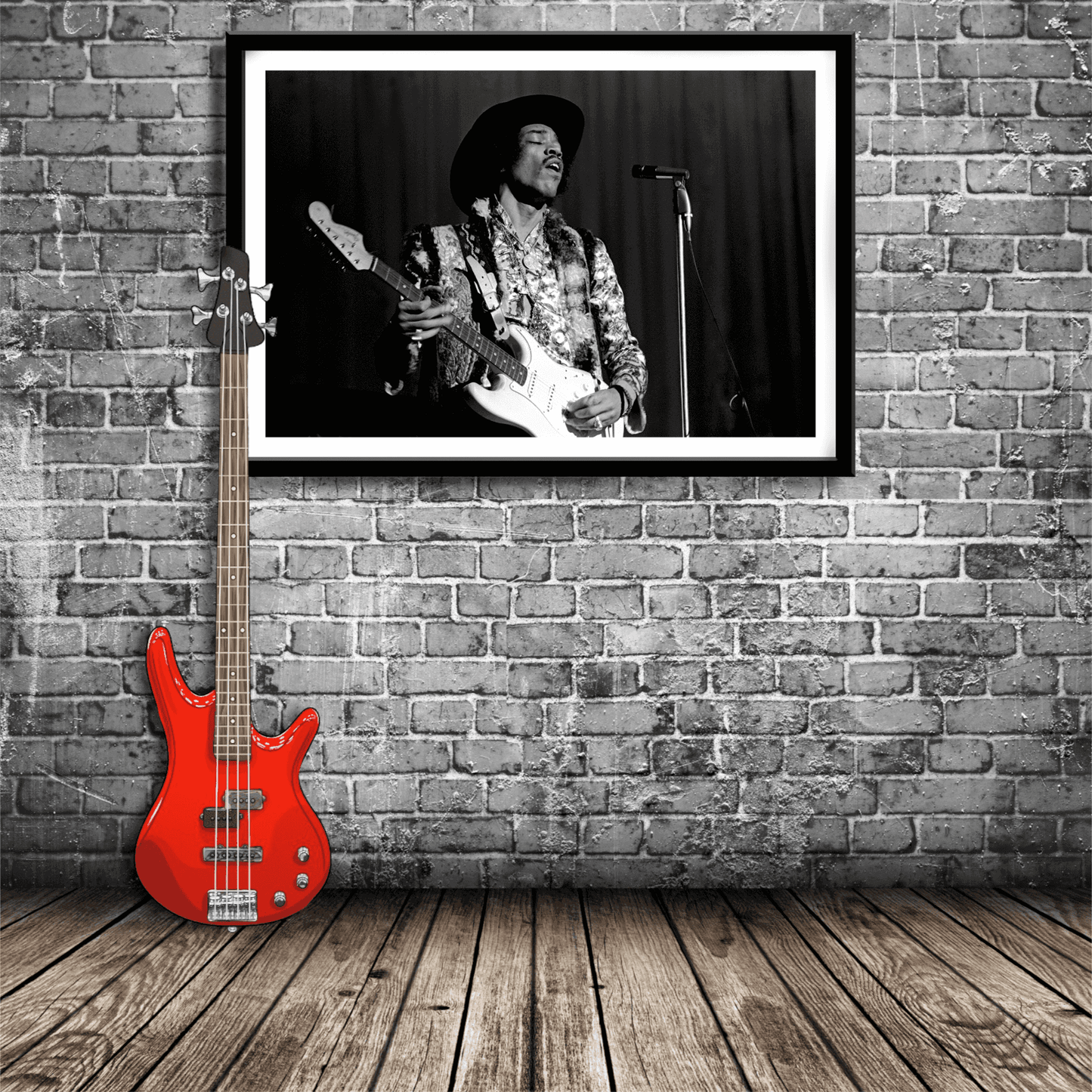 Framed black and white Jimi Hendrix concert photo on brick wall with red electric bass. Ideal rock and roll wall art for music-themed decor.