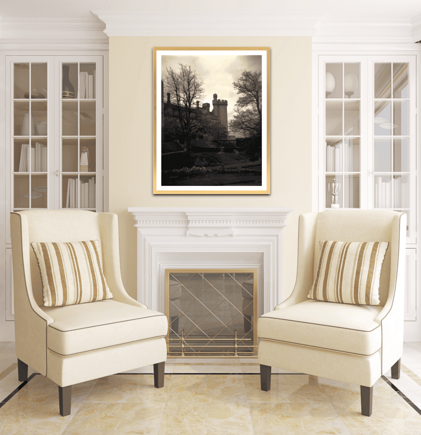 A framed print of Arundel Castle, in Sussex, England, on the wall in a room setting.
