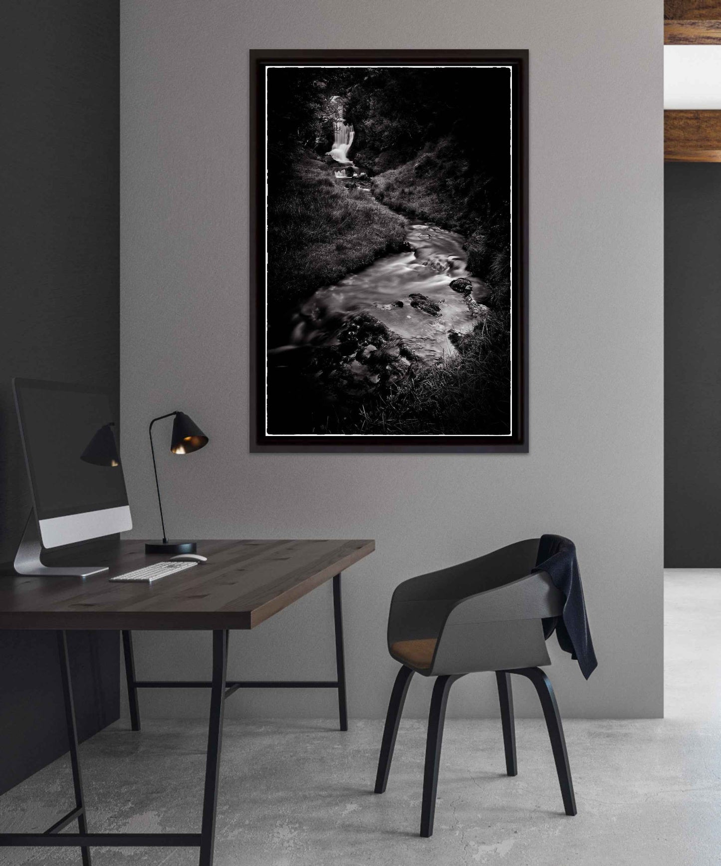 Framed Silk and Stone, Sutherland waterfall print displayed in a modern home office, ideal for interior design and fine art photography lovers.