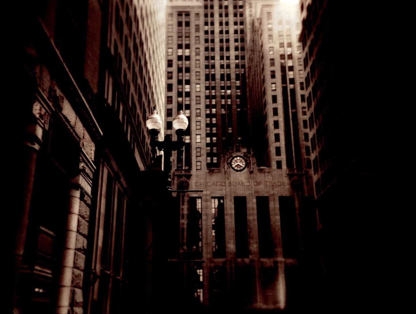 Chicago Sepia Photo - Board Trade Icon in horizontal sepia-toned Holga film print, showcasing the Art Deco Chicago Board of Trade Building.