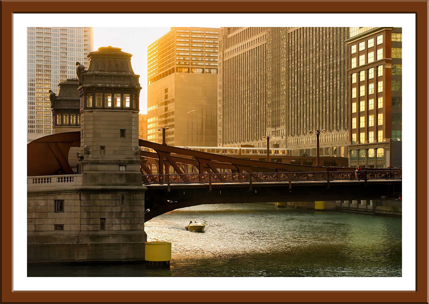 Framed Chicago River #1 – Limited Edition Fine Art Photograph by Michael Hart featuring a sunlit urban river scene with historic bridge and city buildings.