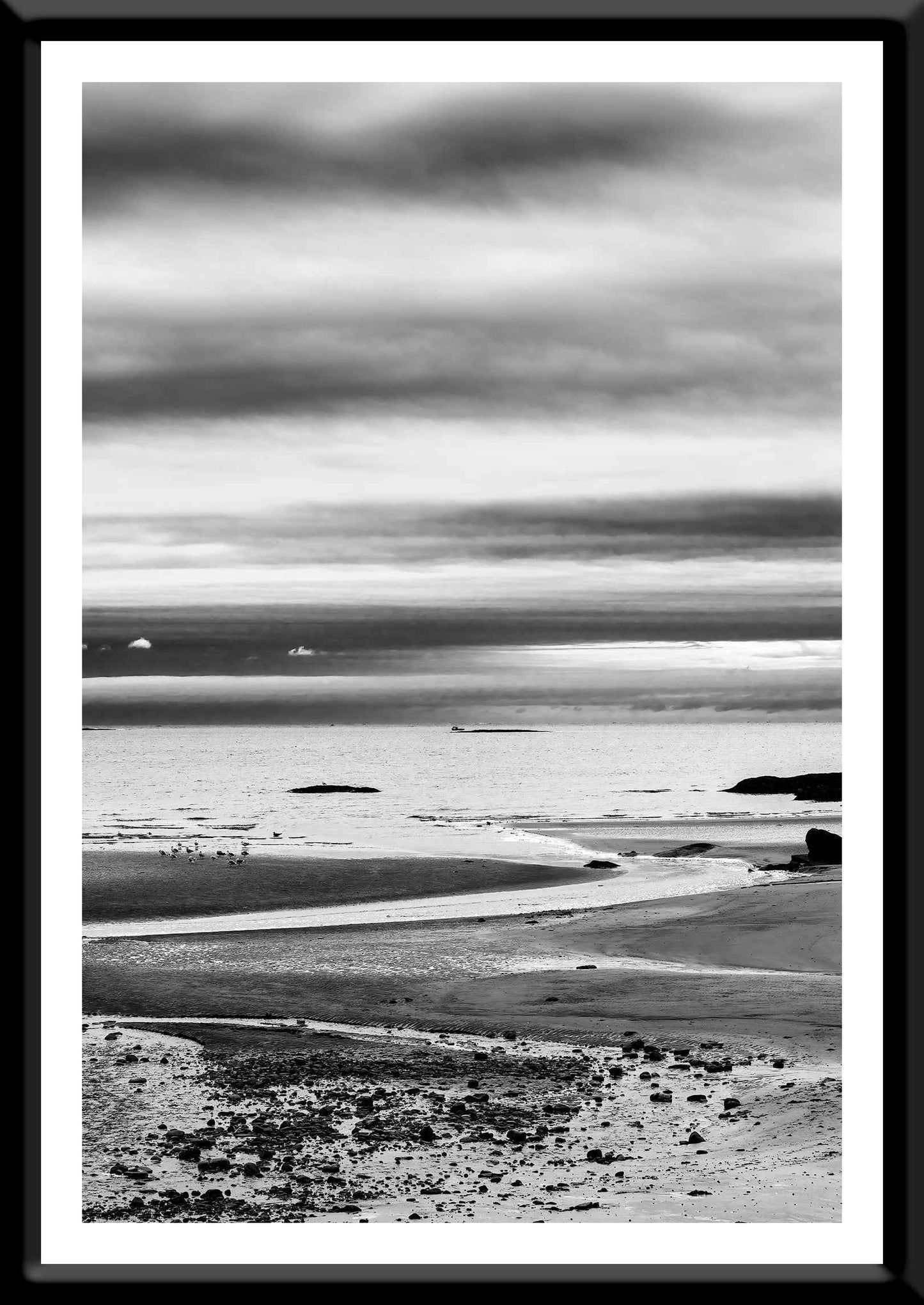 A framed print of a moody black and white image titled Grey Atlantic #1, moody coastal Maine image