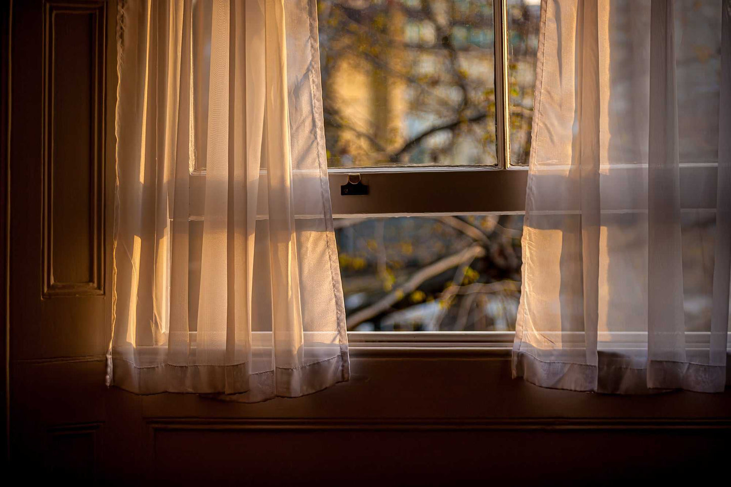 Fine art print titled 'From A Window: Golden Light on Lace Curtains in a London Hotel Room' showing soft golden hour light filtering through lace curtains.
