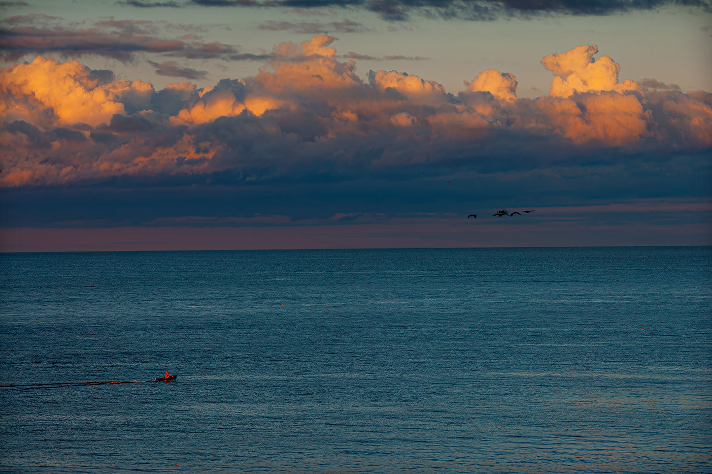 The Race – Small Boat and Birds in a New England Coastal Sunset fine art photo shows a red-sailed boat and birds gliding under glowing clouds over calm ocean waters.