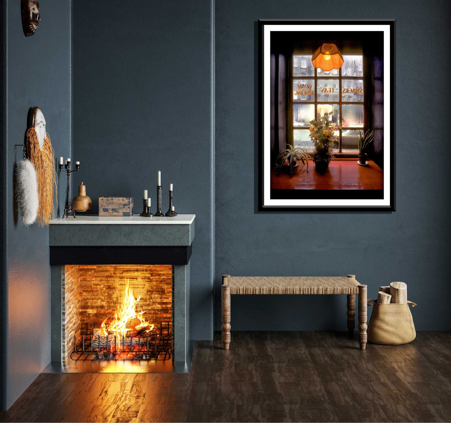 Vintage Edinburgh tea room wall art with glowing pendant light and foggy window, featured above a fireplace in a rustic modern living room.