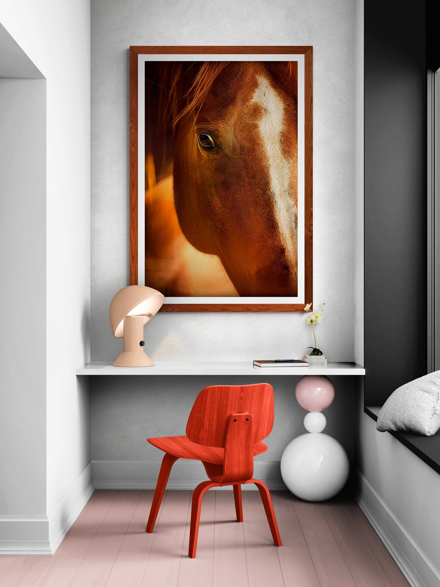 Chestnut Mare: A Western Portrait With a Watchful Eye framed wall art featuring a soulful horse close-up, ideal for rustic or Western-themed decor.