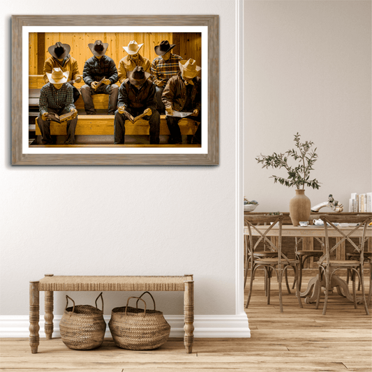 Before the Sale cowboy hat photography print displayed in a modern dining room, showcasing rustic ranch decor and Western lifestyle artwork.