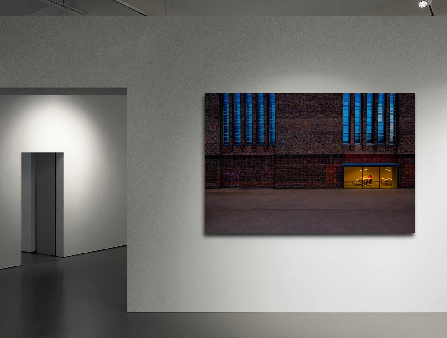 Gallery wall display of The Tate Modern – A Study in Color and Line, highlighting its urban composition and vibrant color contrast in a modern exhibition setting.
