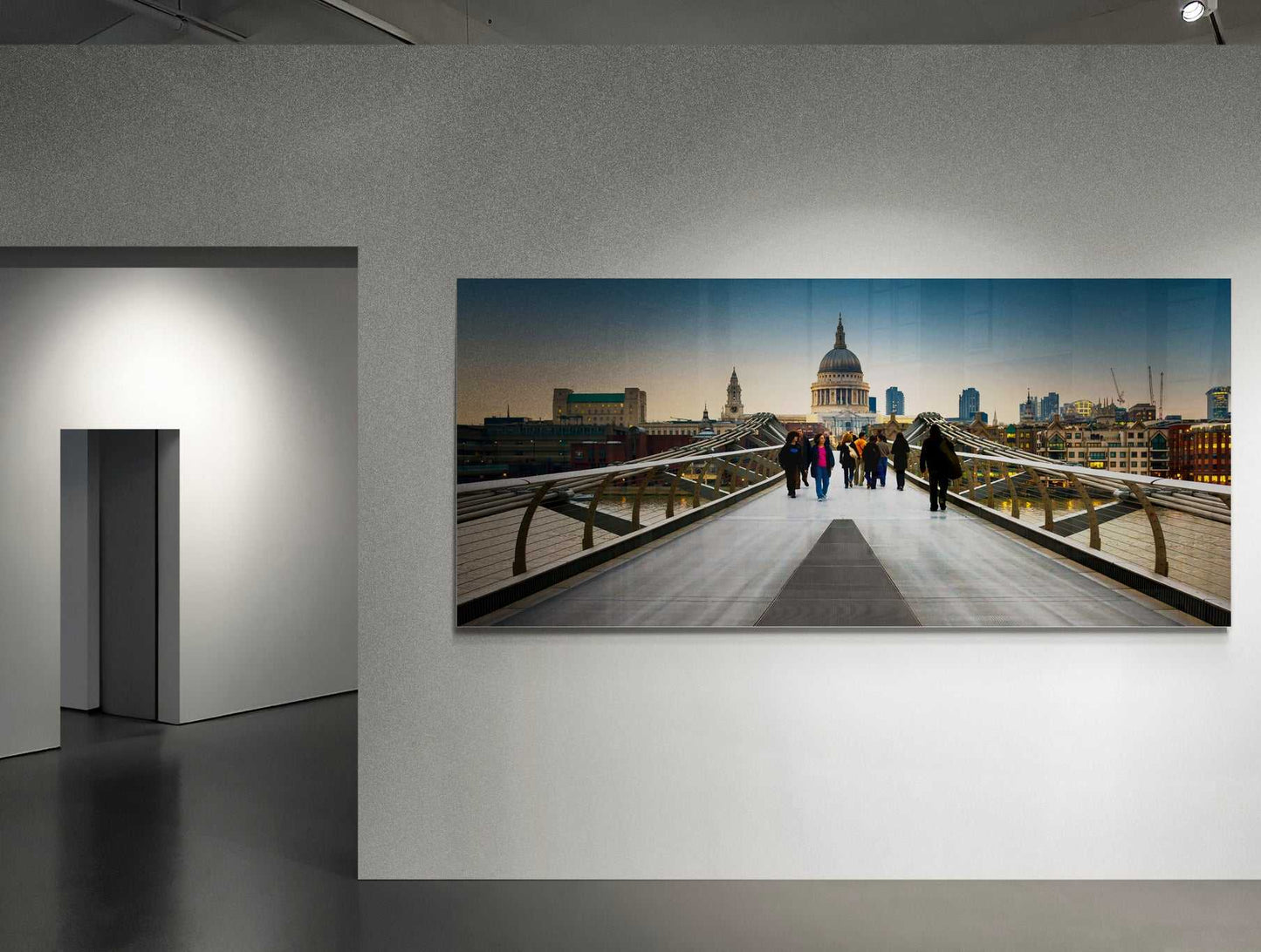 Millennium Bridge-London Landmark Fine Art Print by Michael Hart mounted in a contemporary gallery, highlighting urban London at twilight with architectural elegance.