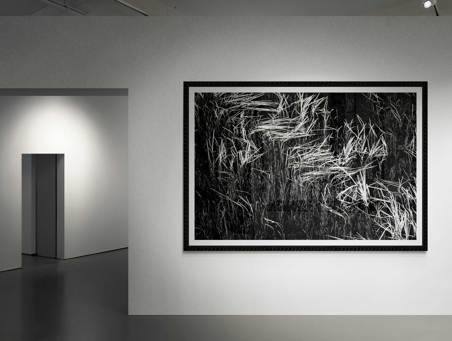 Large-scale framed Reeds in Water – Grand Teton Fine Art Black & White Landscape by Michael Hart in a contemporary gallery. Western landscape photography.
