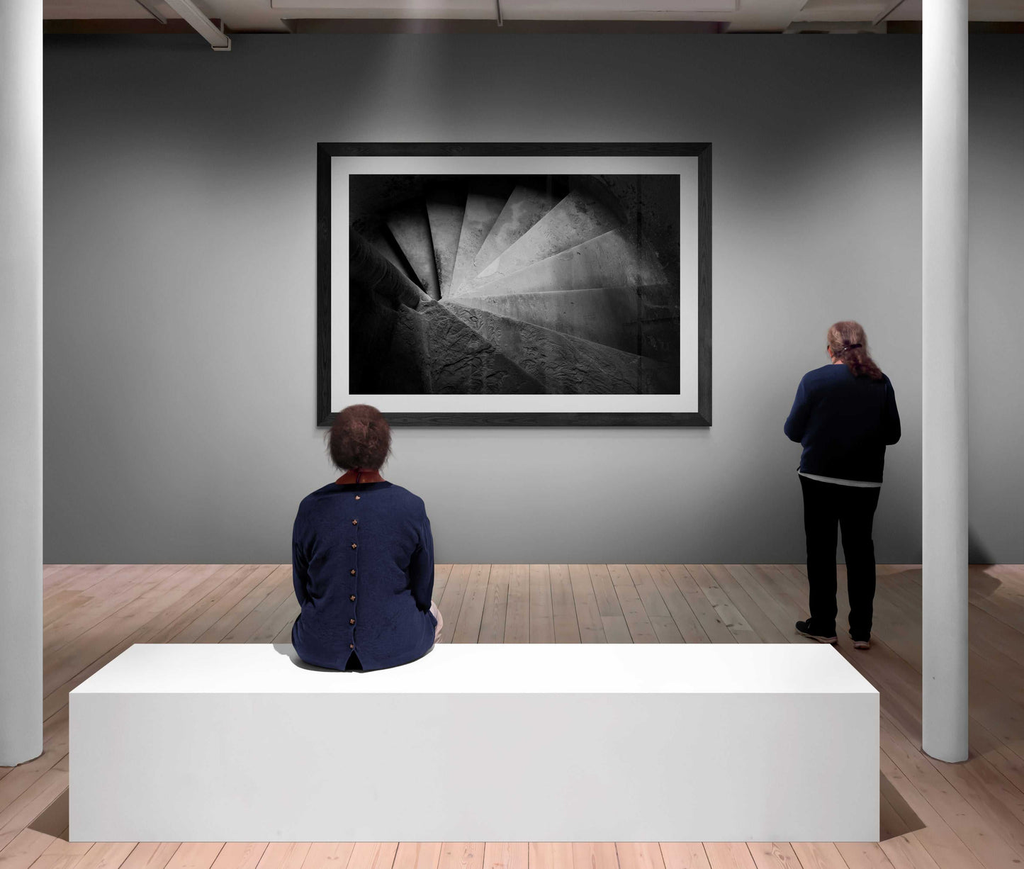 Linlithgow Spiral - Linlithgow Palace | Black and White Print displayed in an art gallery, drawing attention to its fine art composition and historic subject.