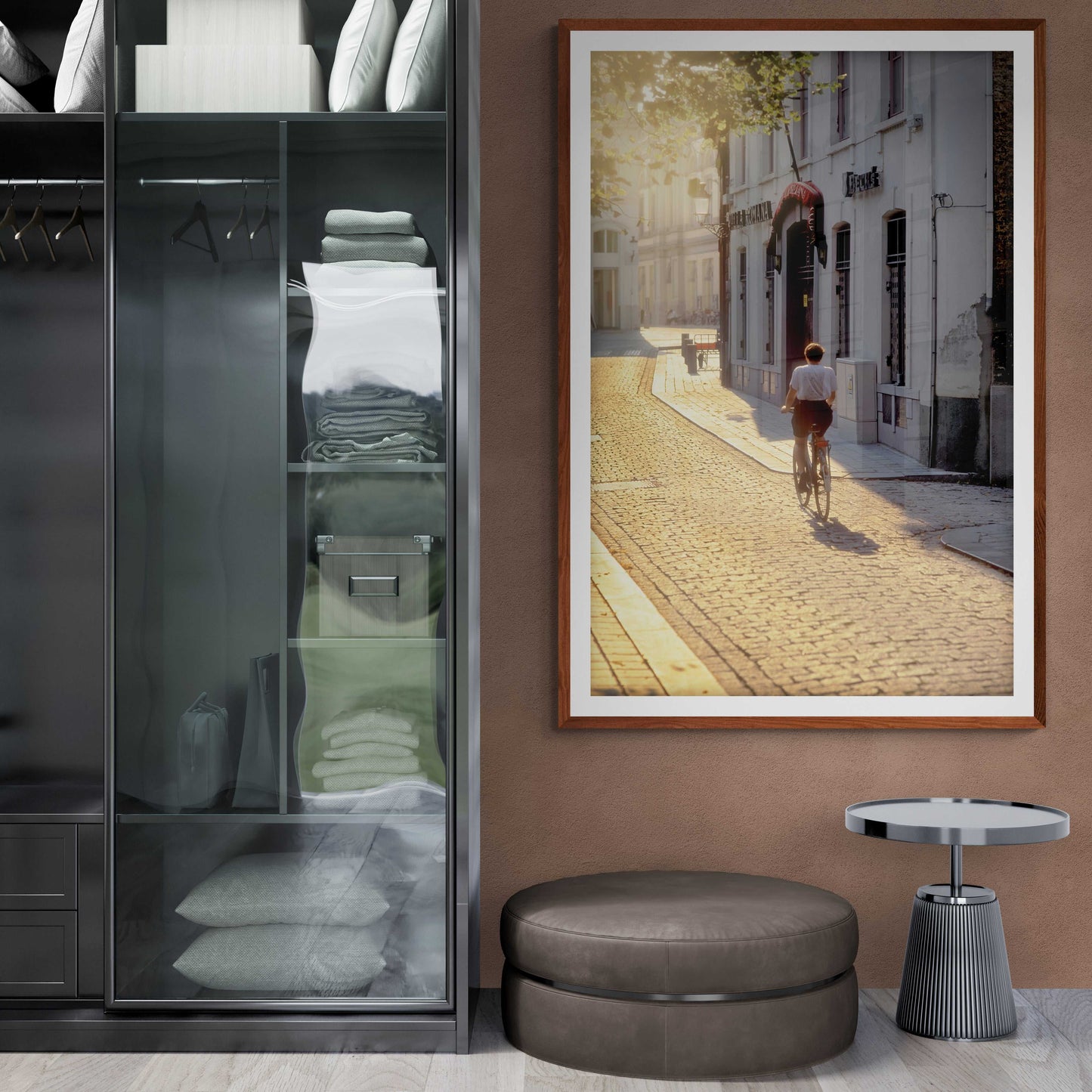 Bruges Cyclist – Kodachrome Street Photography, Limited Edition Fine Art Print displayed in a modern closet space. Adds nostalgic European elegance and warm tones to interior decor.