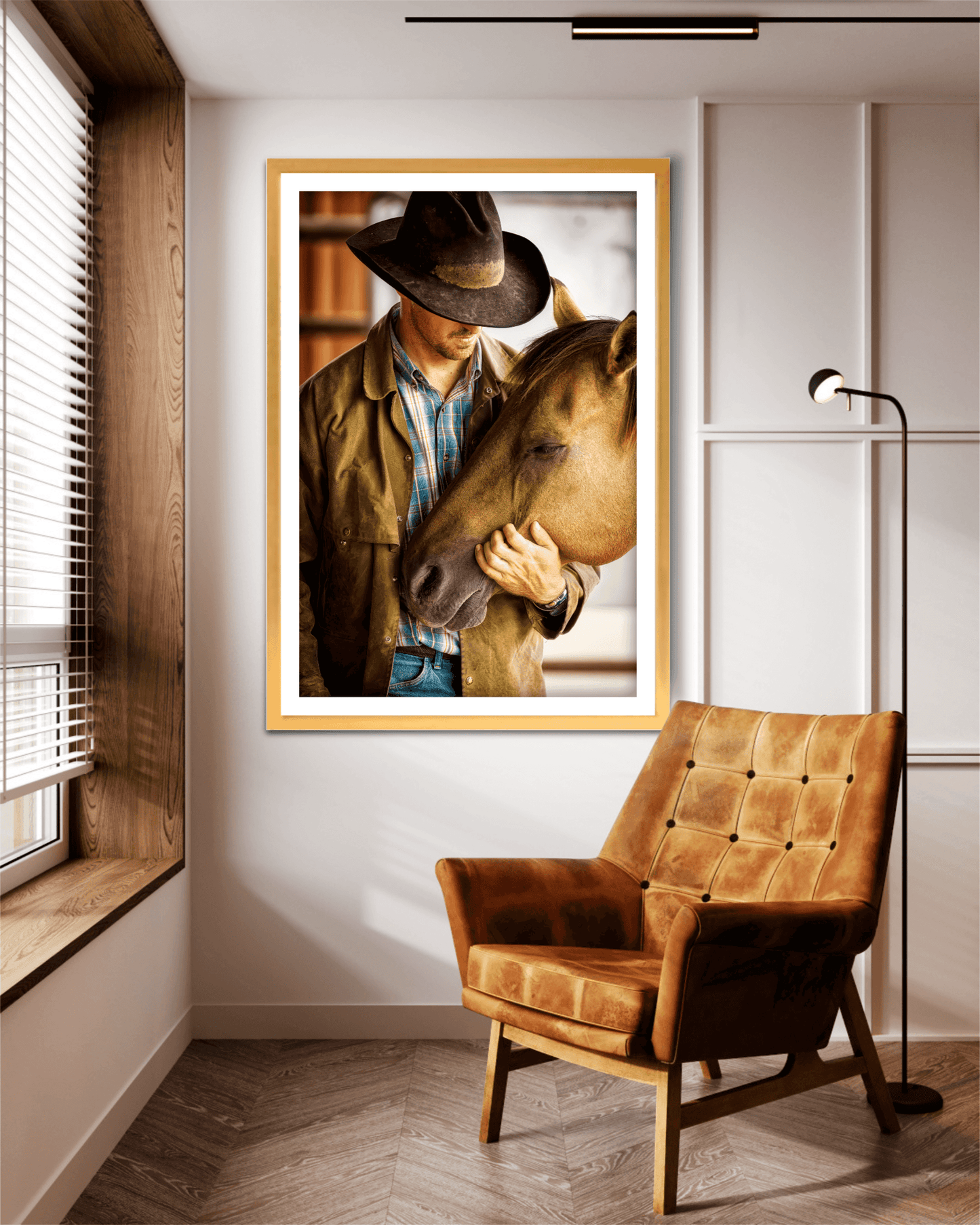 Best Friends – Fine Art Cowboy & Horse Photography, Intimate Color Portrait displayed in modern home decor. Limited edition western lifestyle print.
