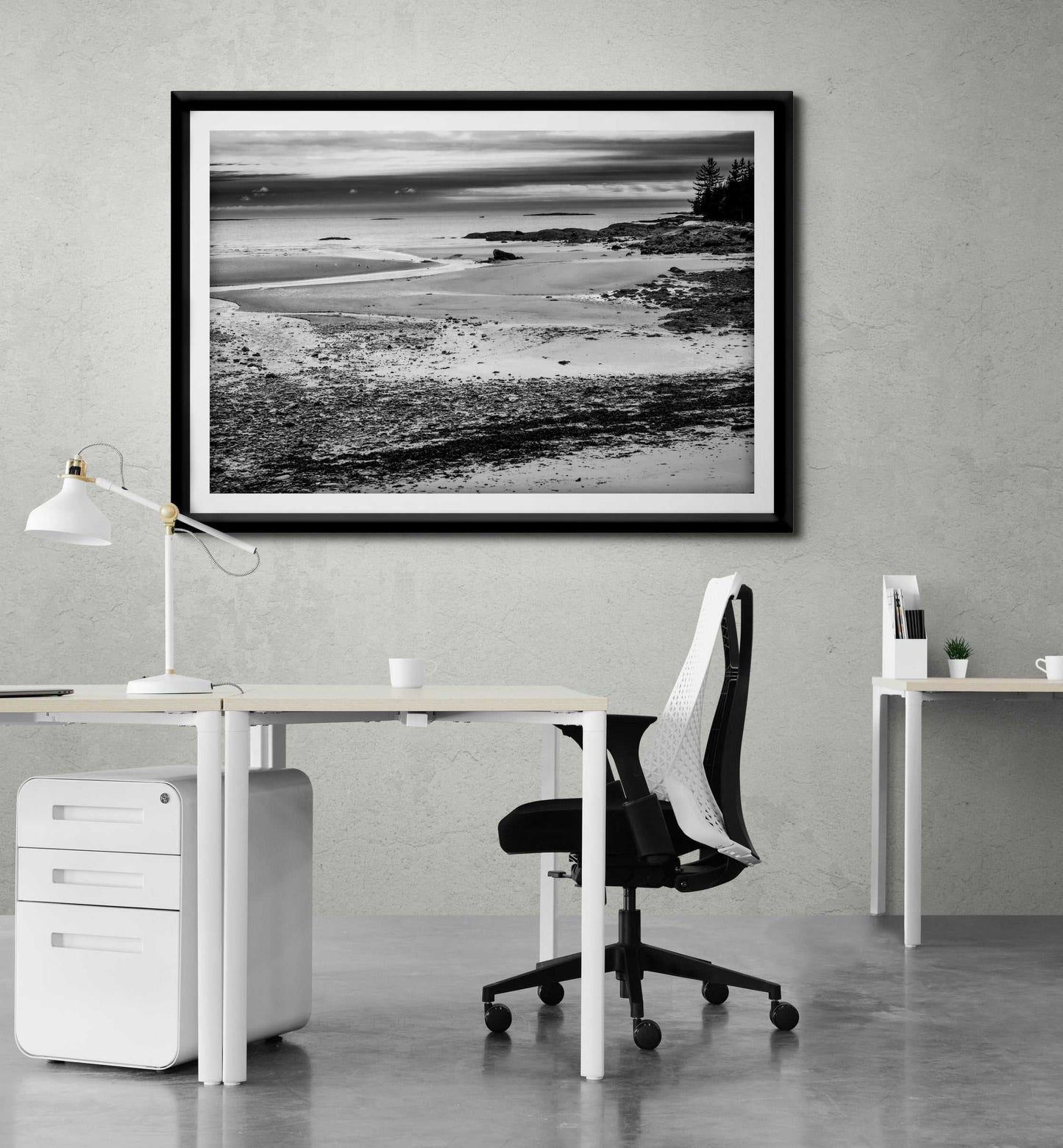 Grey Atlantic #2 – Black and White Coastal Photography in Maine showcased in a sleek office space. A tranquil fine art print enhancing professional and creative workspaces.