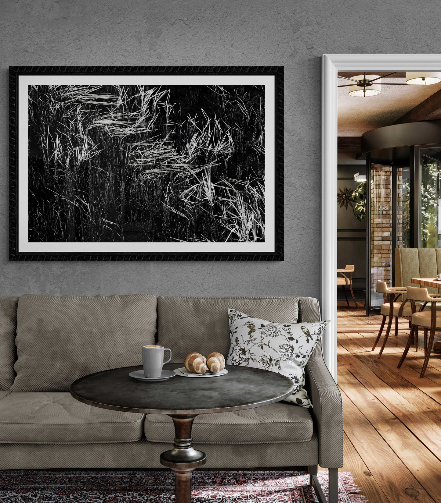 Reeds in Water – Grand Teton Fine Art Black & White Landscape by Michael Hart above a cozy sofa. Elegant fine art print for rustic-modern living rooms.