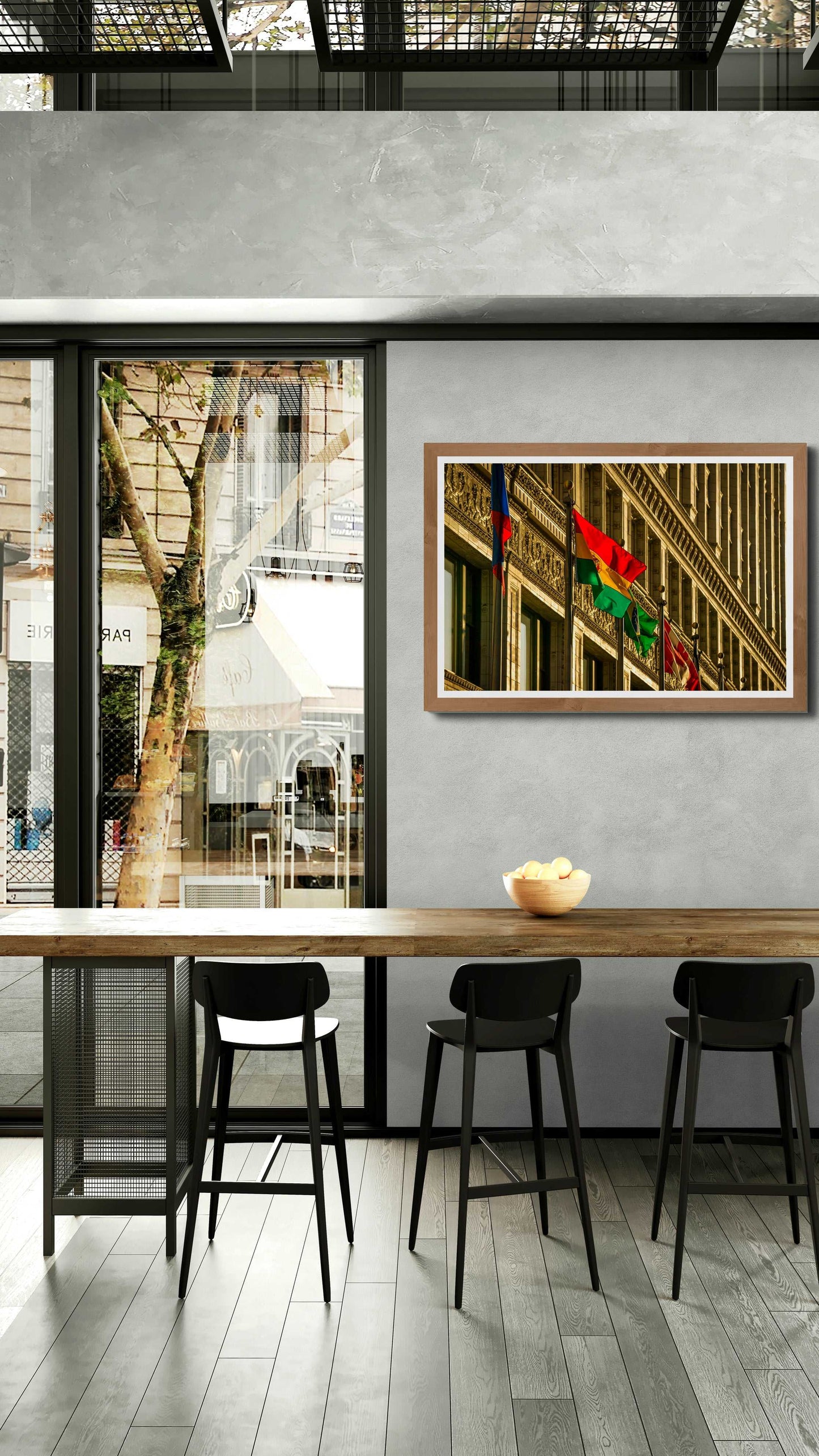 Flags on Wacker – Chicago Art Photograph | Limited Edition print in modern dining space, featuring city flags and architectural textures of Wacker Drive.