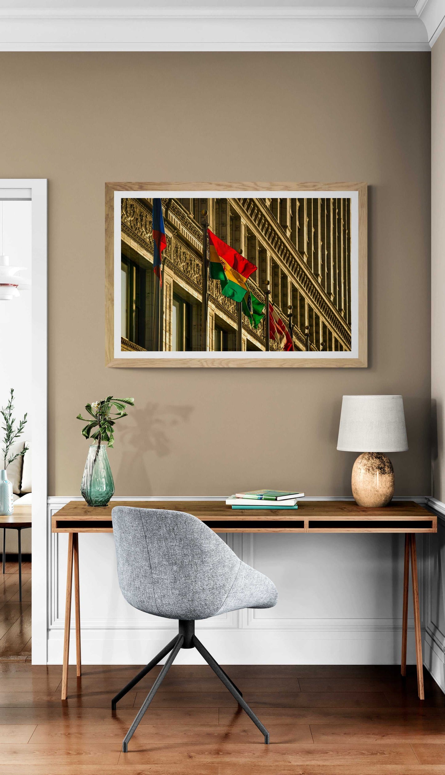 Flags on Wacker – Chicago Art Photograph | Limited Edition artwork above home office desk, blending urban elegance with warm summer light and flag movement.