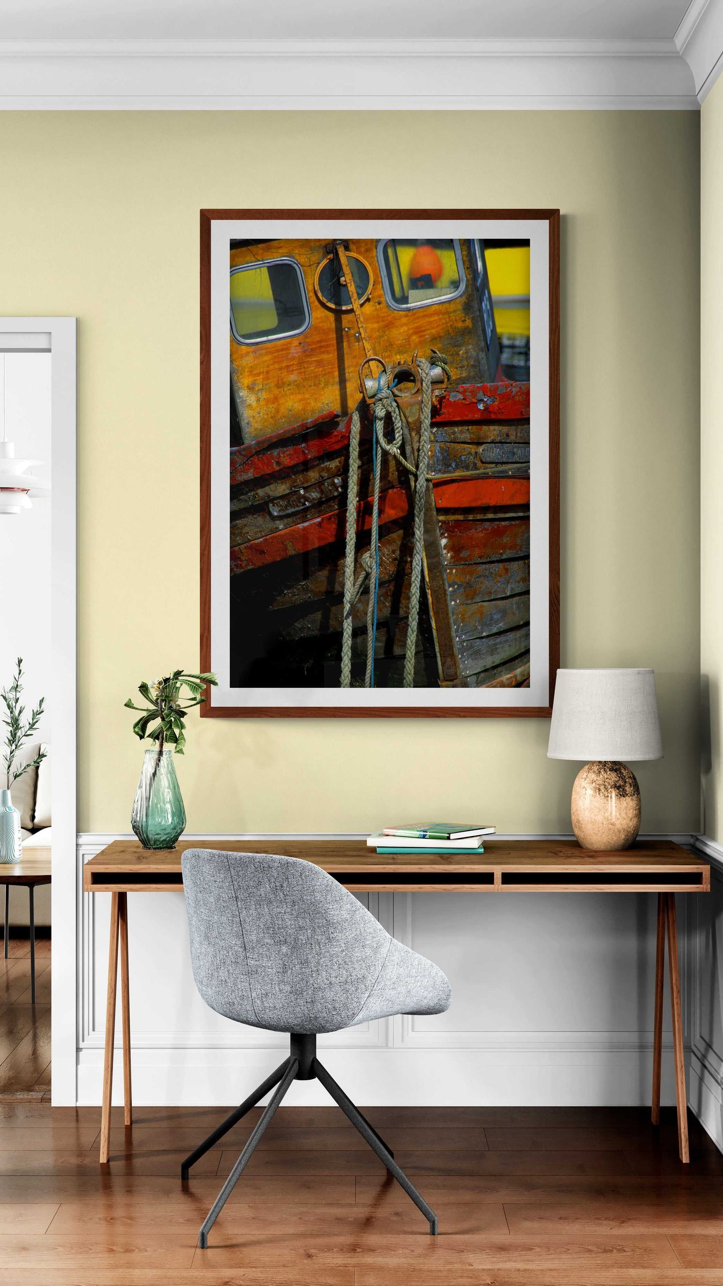 Boat Bow – Rustic wooden boat photo from Islay on Kodachrome framed in wood, styled above desk in cozy home office setting.