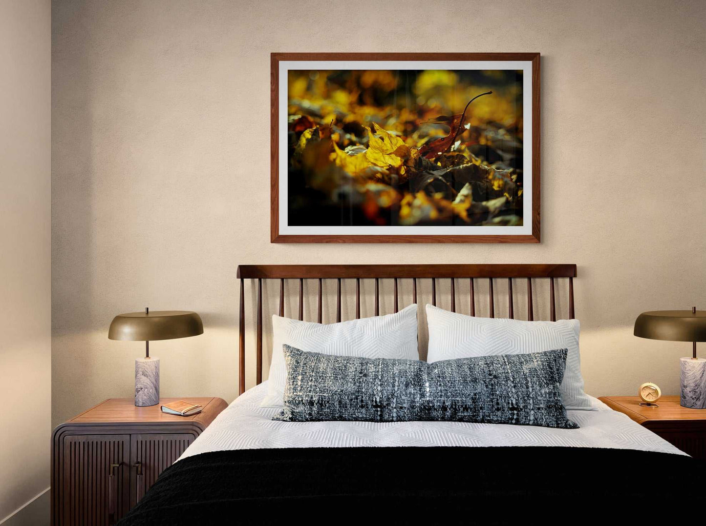 Autumn Gold – Limited Edition Photograph of Fall Leaves on Kodachrome above a minimalist bed. Brings warmth and seasonal charm to bedroom wall art collections.