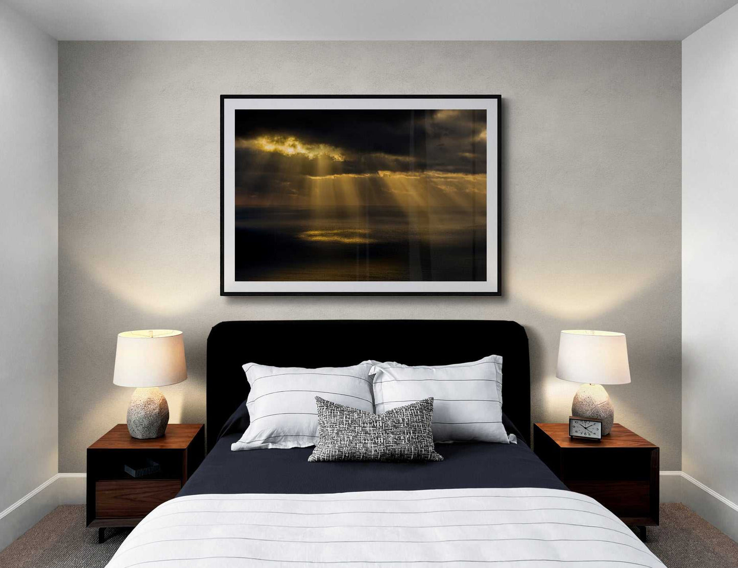 Bedroom wall art featuring Ring of Light sunrise print above bed, creating a peaceful ambiance with soft lighting and coastal tones.