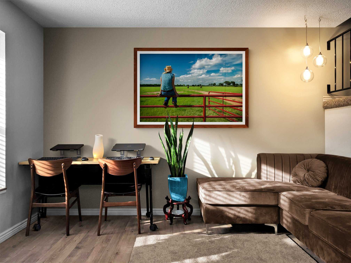 Coming Home: Waiting on the Fenceline at 44 Farms displayed in a stylish home office with brown sectional and wood accents. Western lifestyle photography print.