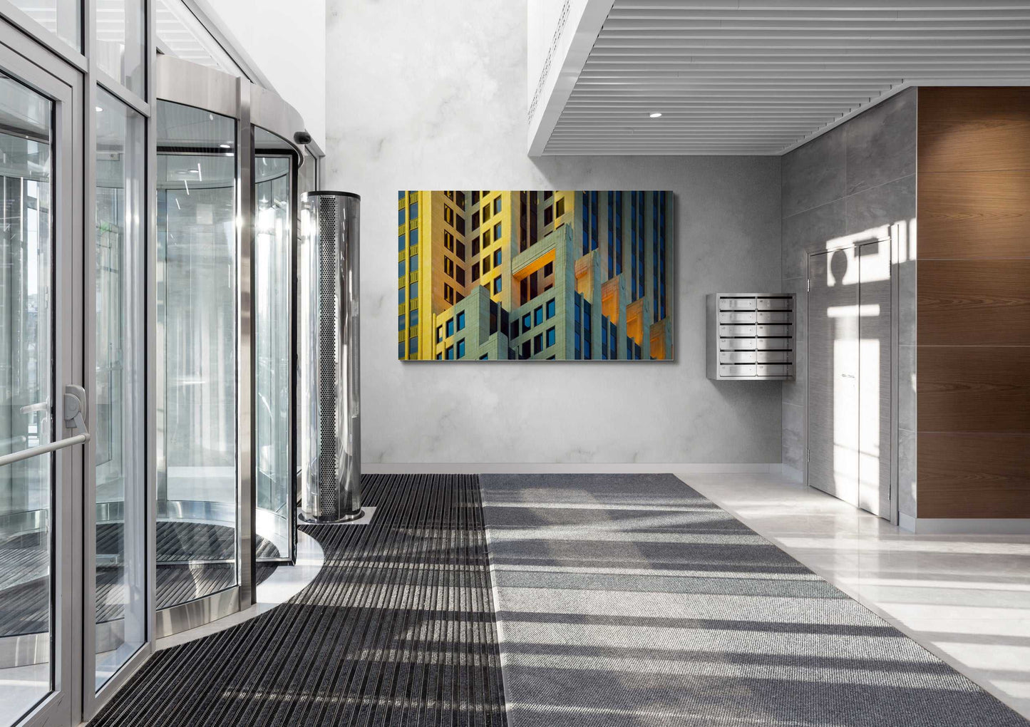 Award-winning Chicago Architecture photograph displayed in a bright office lobby, highlighting golden hour cityscape and urban design elegance.