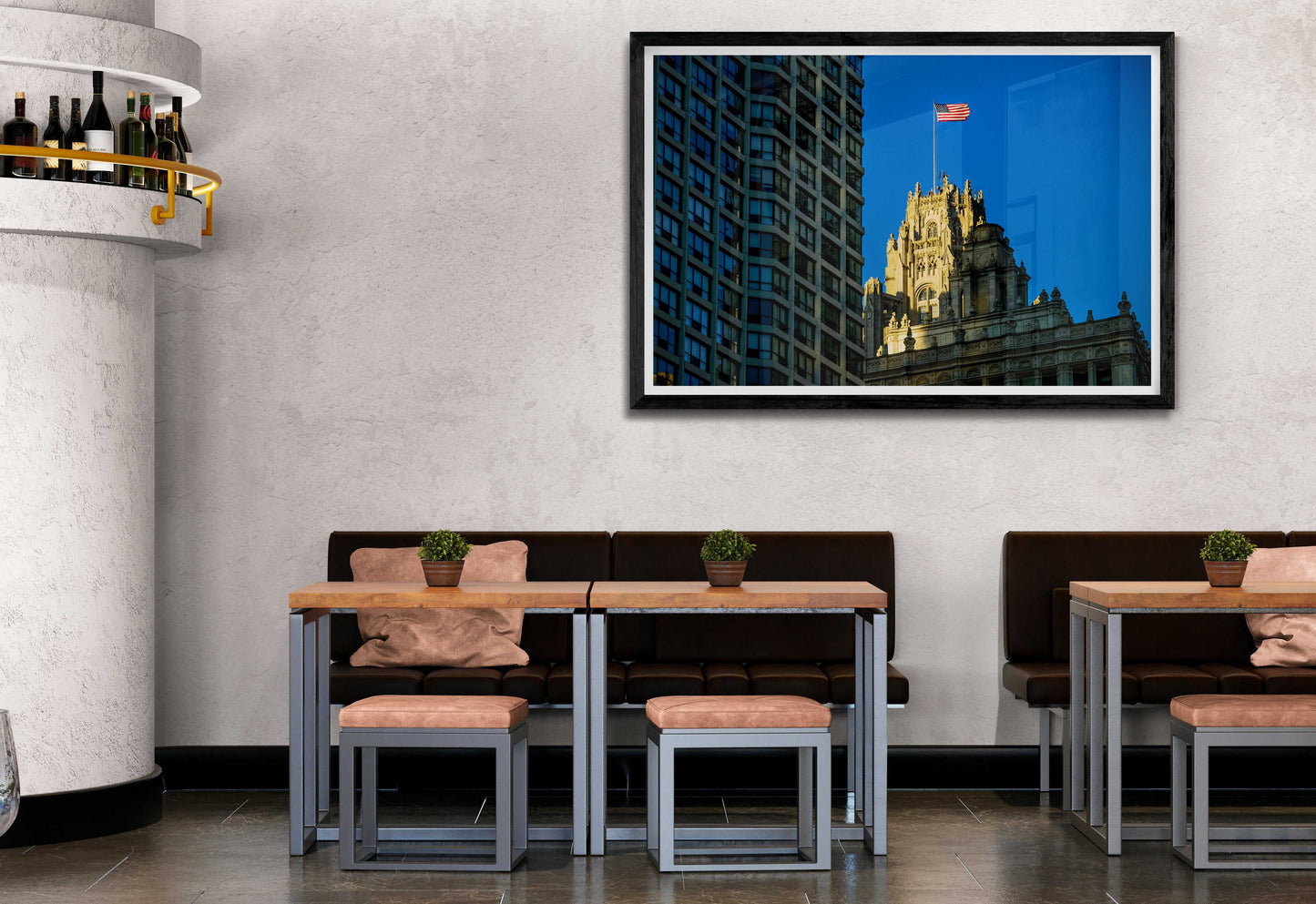 Framed summer Chicago Tribune Tower photo with American flag by Michael Hart featured in upscale cafe. Limited edition patriotic architectural artwork.