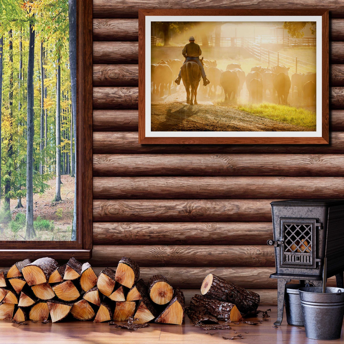 Golden Hour Roundup – Texas Cowboy and Cattle at 44 Farms framed print in rustic log cabin interior. Western fine art enhancing cozy ranch-style decor.