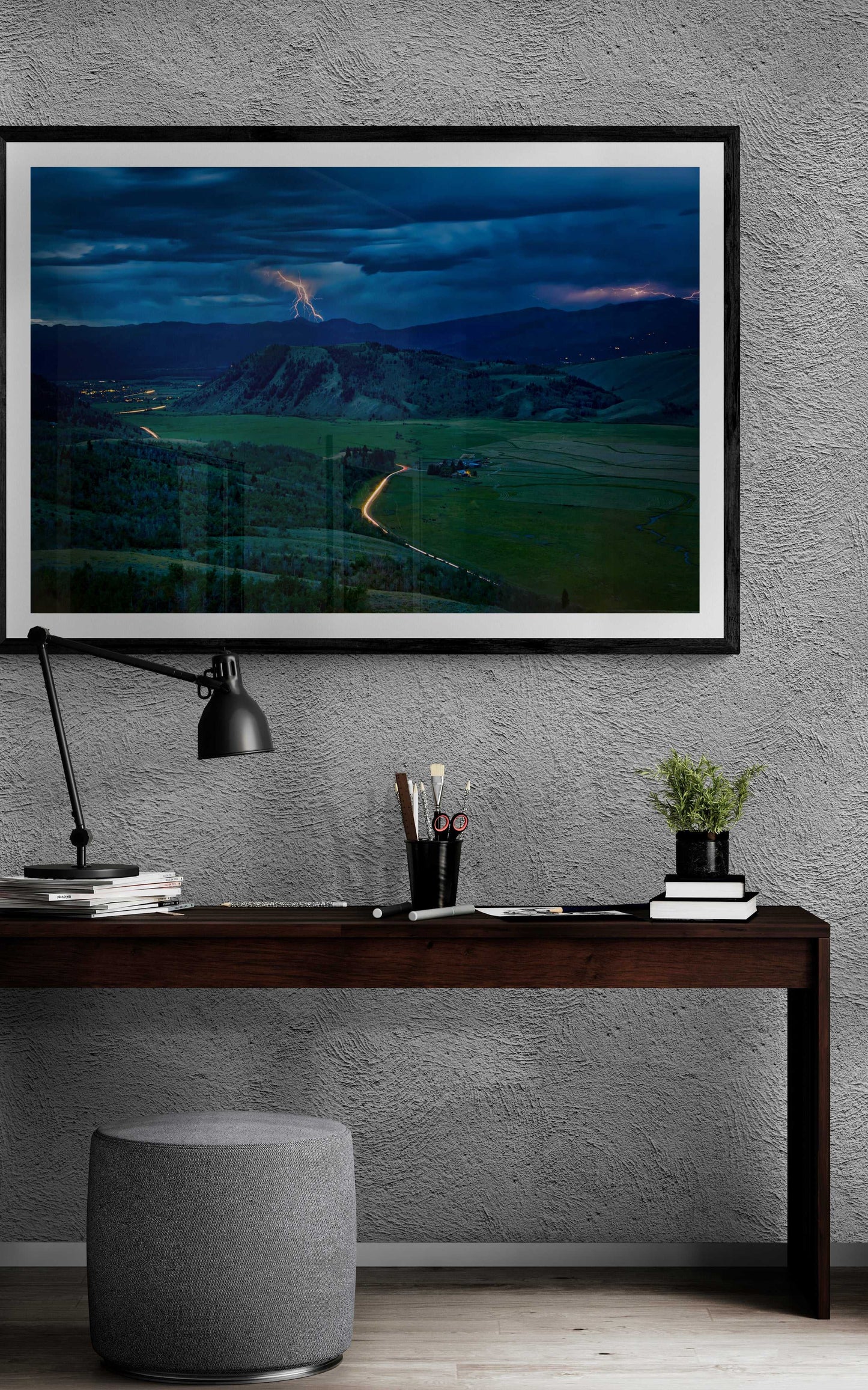Thunderstorm, Jackson Hole, Wyoming – Fine Art Print above a modern desk, enhancing workspace decor with dramatic sky and collectible fine art photography.
