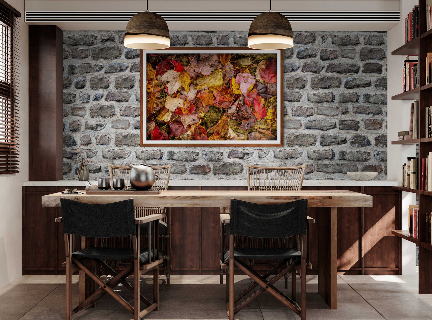 Autumn Leaves Collage – Limited Edition Fine Art Fall Photograph from West Virginia displayed in rustic dining room with stone wall. Vibrant fall foliage print adds seasonal color and texture to home decor.