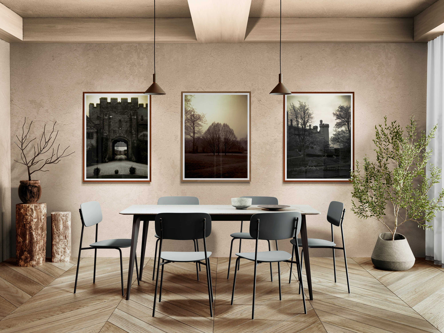 A framed print of Arundel Castle, in Sussex, England, on the wall in a room setting.