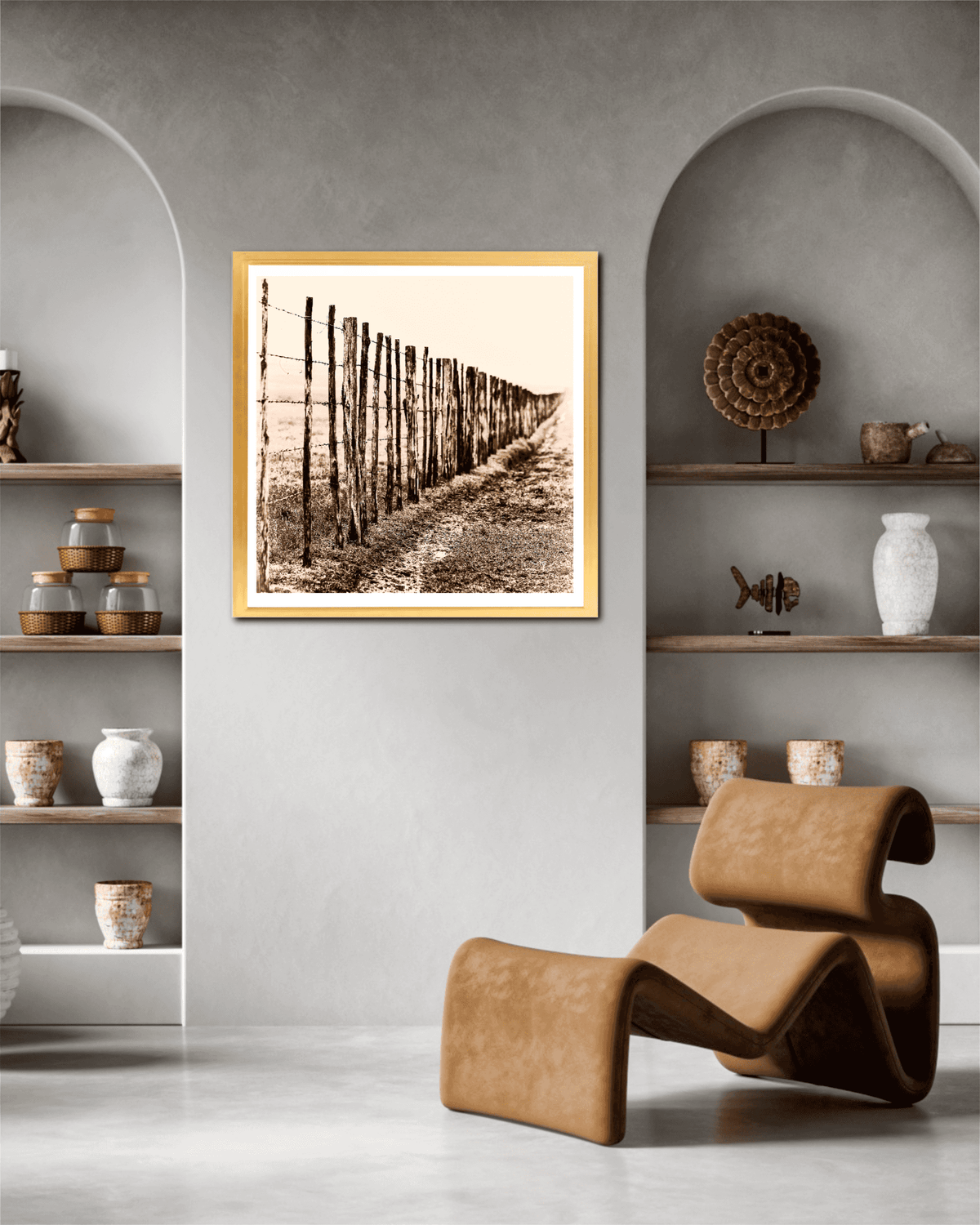 Eight Miles from Nowhere: Fence Line in the Fog, 44 Farms framed print in a minimalist living space. Adds Western charm to home decor.