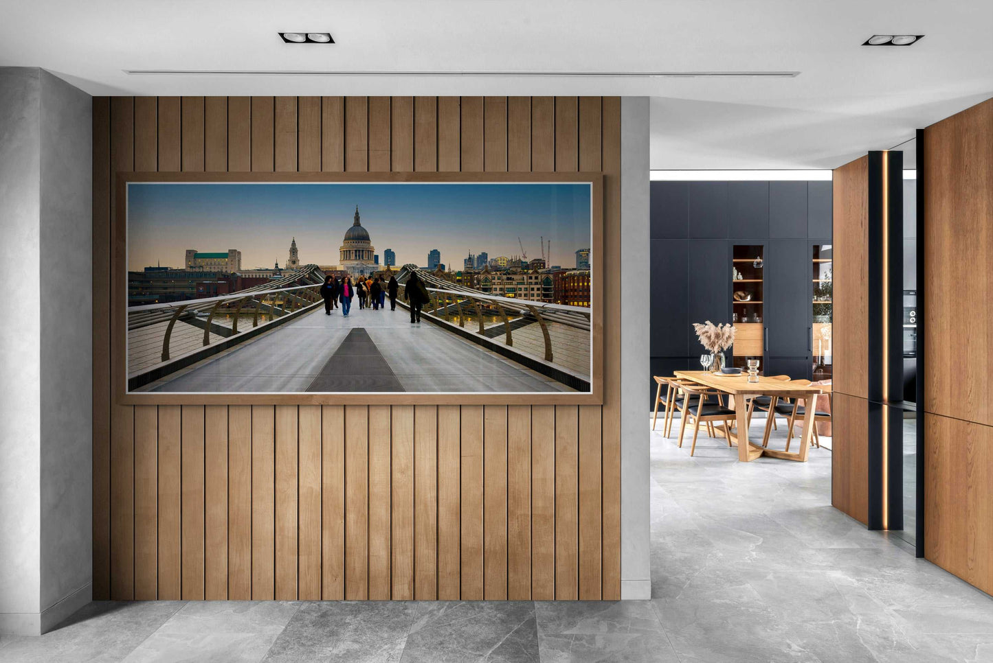 Millennium Bridge-London Landmark Fine Art Print by Michael Hart in a luxury home setting, featuring twilight London skyline and iconic bridge architecture.