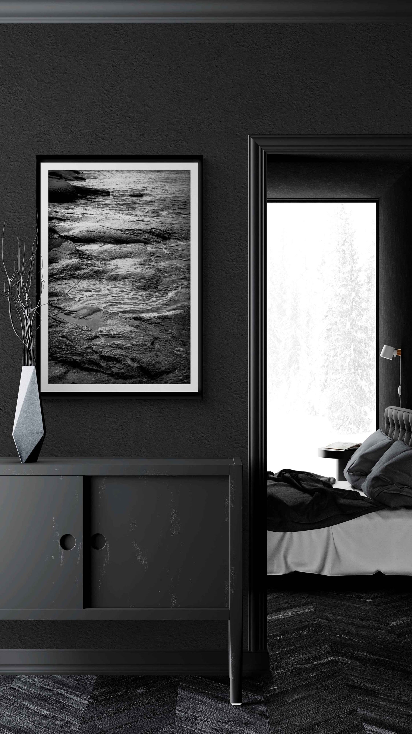 Grey Atlantic #3 – Moody black and white coastal photography from Maine in a dark-toned hallway, perfect for elegant wall art collections.
