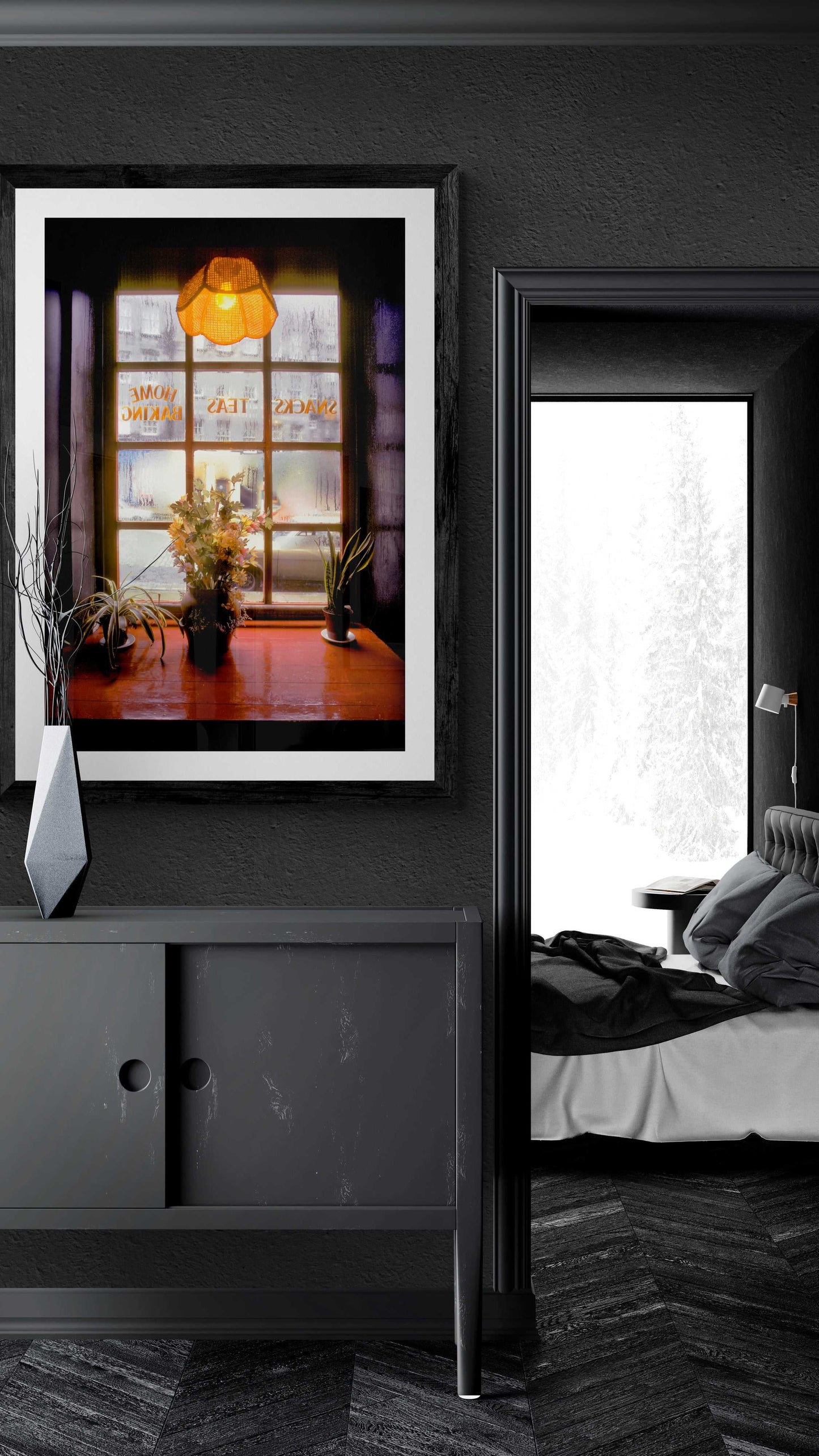 Limited edition Edinburgh café window artwork with warm hues and indoor plants, mounted in a dark modern bedroom entryway.