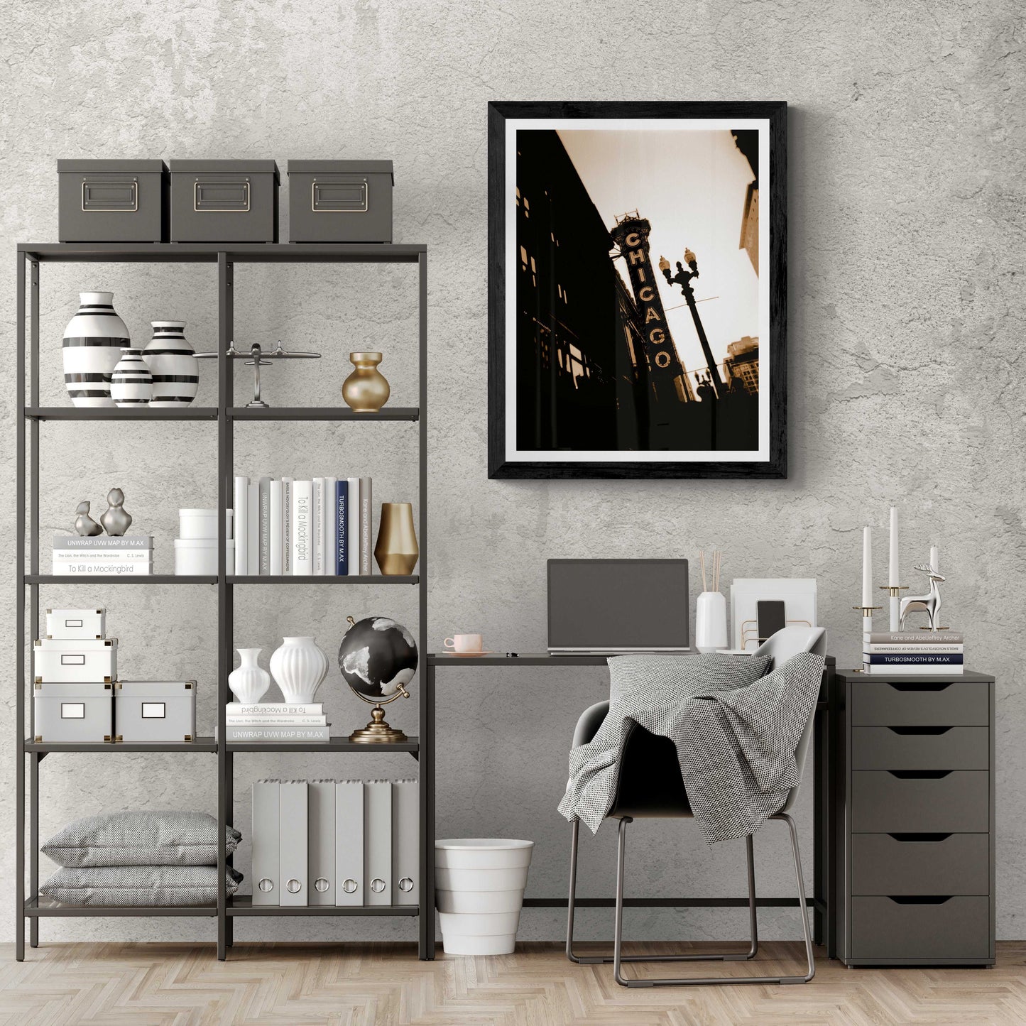 Chicago Theatre – Chicago Landmark fine art photo framed in black, styled in a modern home office with neutral decor and industrial shelving.