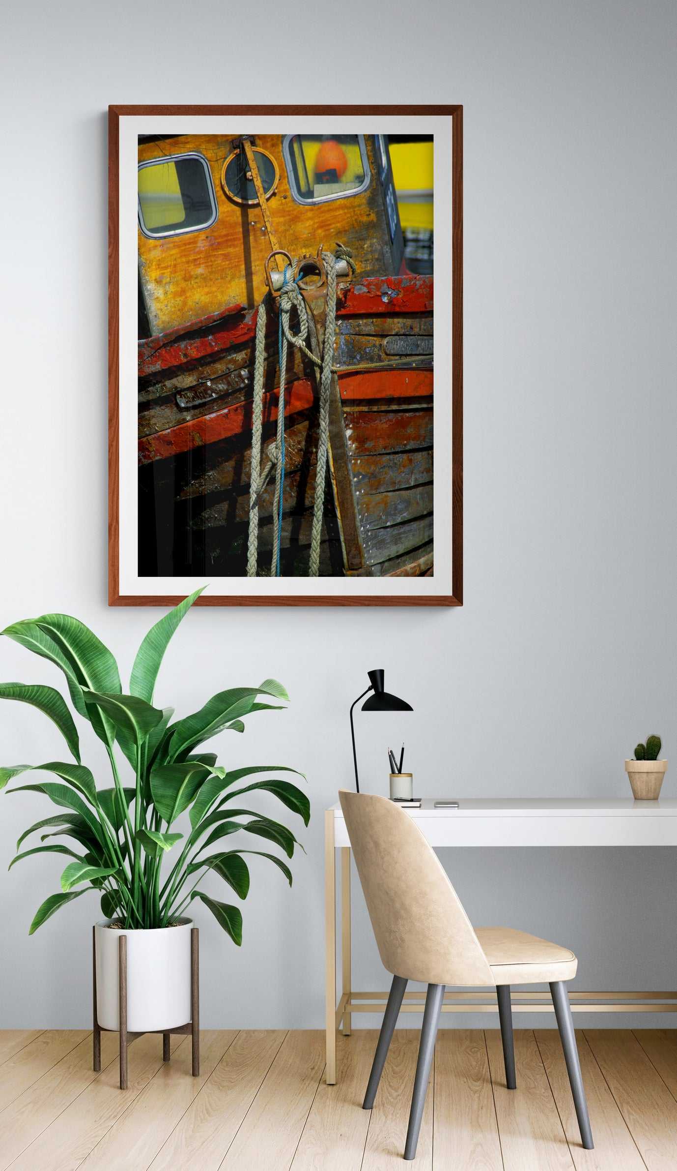 Boat Bow – Rustic Islay boat photo on Kodachrome in wood frame, enhancing minimalist workspace with nautical fine art appeal.
