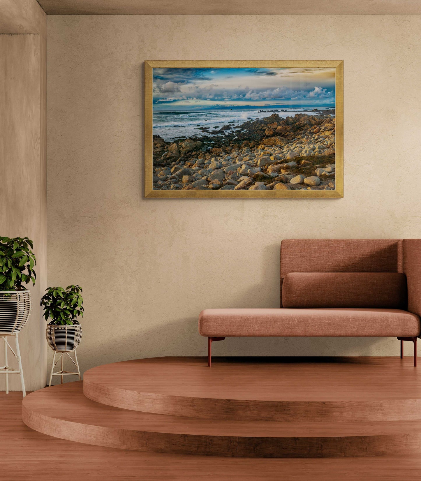 Monterey Bay – Vibrant California Seascape Limited Edition Print by Michael Hart showcased in a minimalist interior with a raised platform and warm tones.