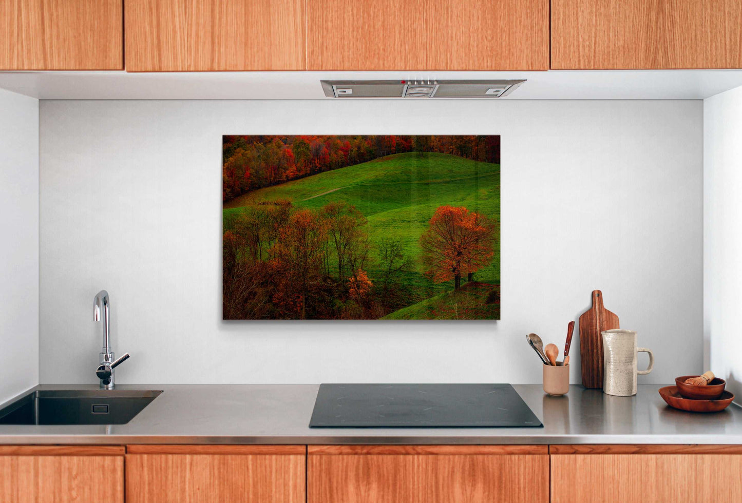 A framed print of West Virginia Autumn hanging on the wall in a room setting