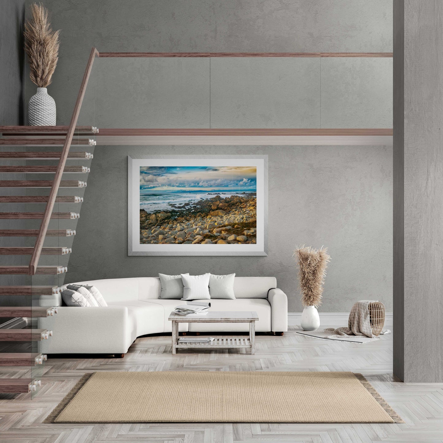 Large framed Monterey Bay – Vibrant California Seascape Limited Edition Print by Michael Hart mounted in a contemporary loft-style living room.
