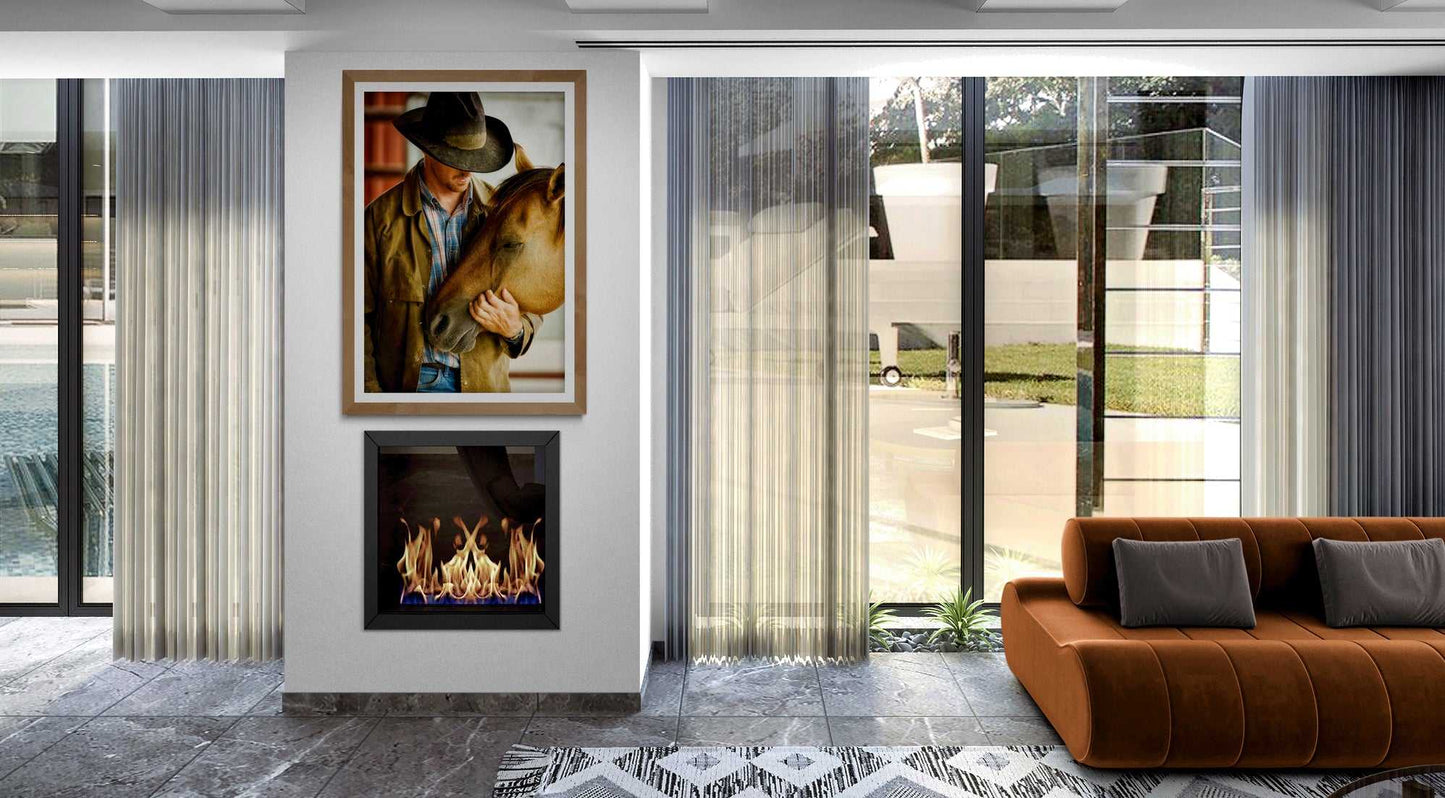 Best Friends – Fine Art Cowboy & Horse Photography, Intimate Color Portrait displayed in a modern living room above a fireplace. Limited edition western lifestyle print.