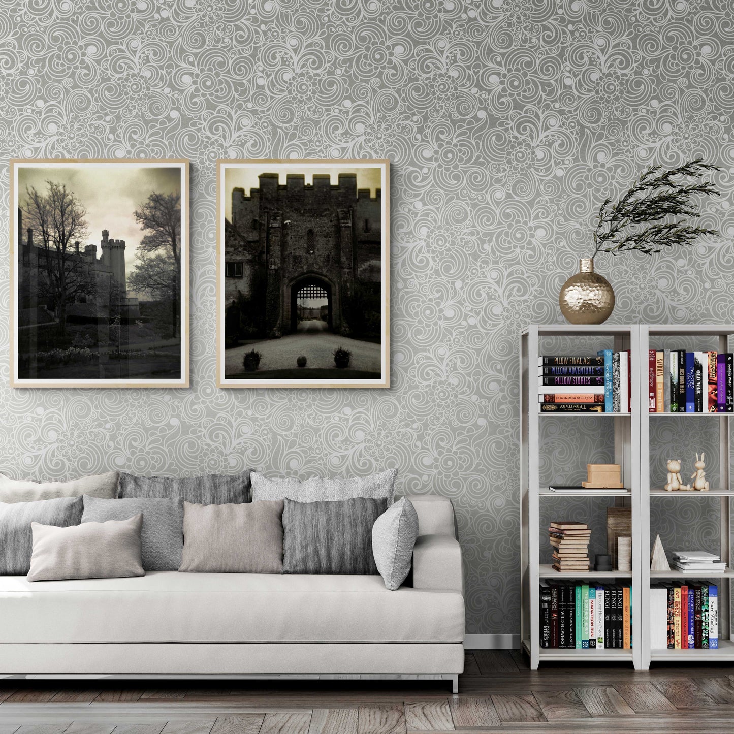 A framed print of Arundel Castle, in Sussex, England, on the wall in a room setting.