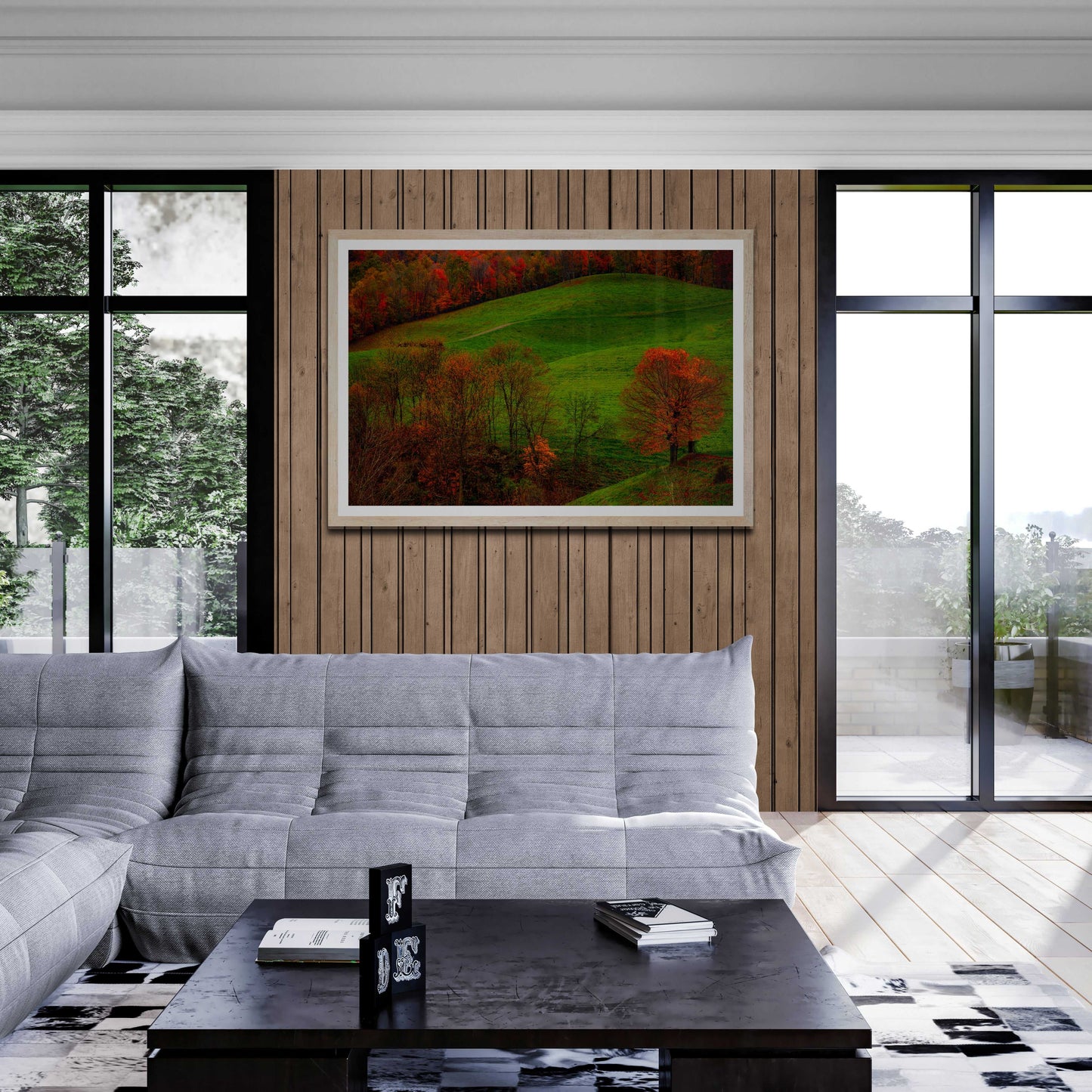 A framed print of West Virginia Autumn hanging on the wall in a room setting