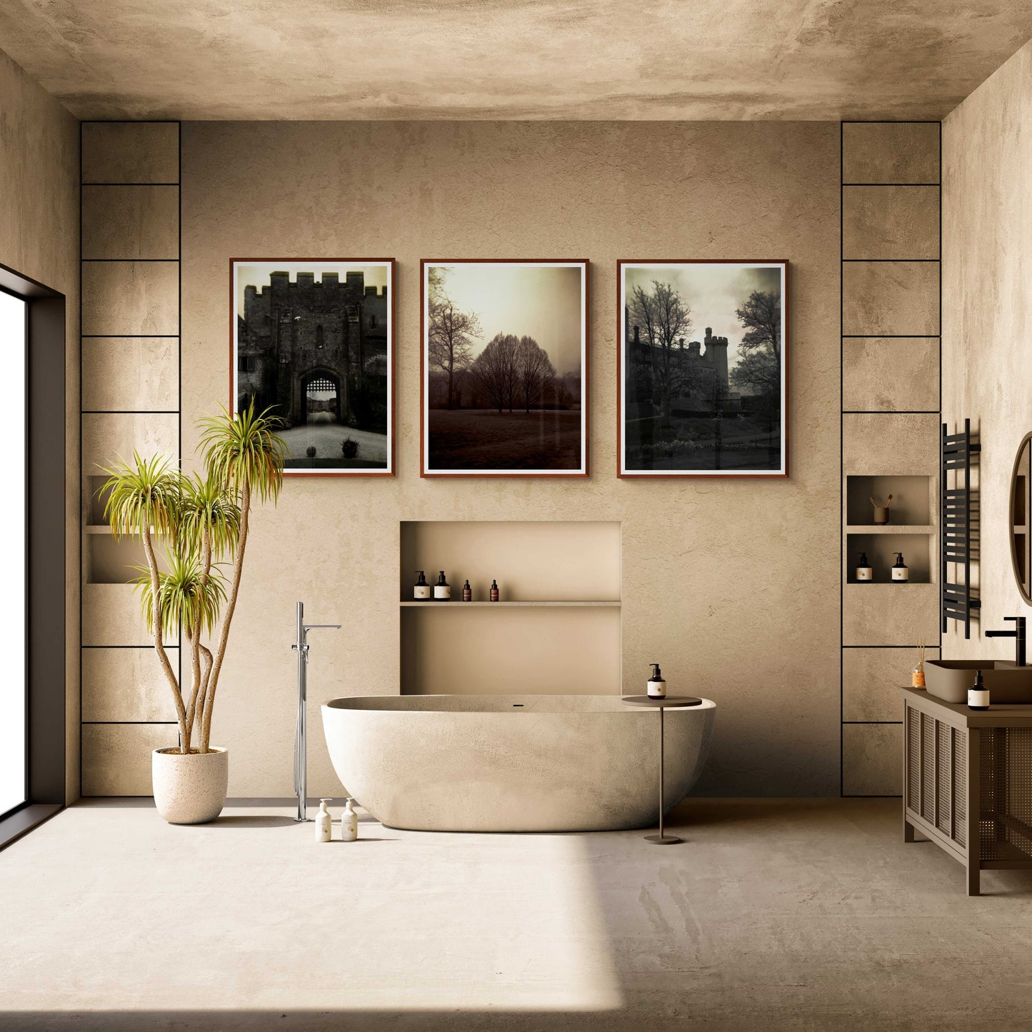 A framed print of Arundel Castle, in Sussex, England, with two other Michael Hart images on the wall in a room setting.
