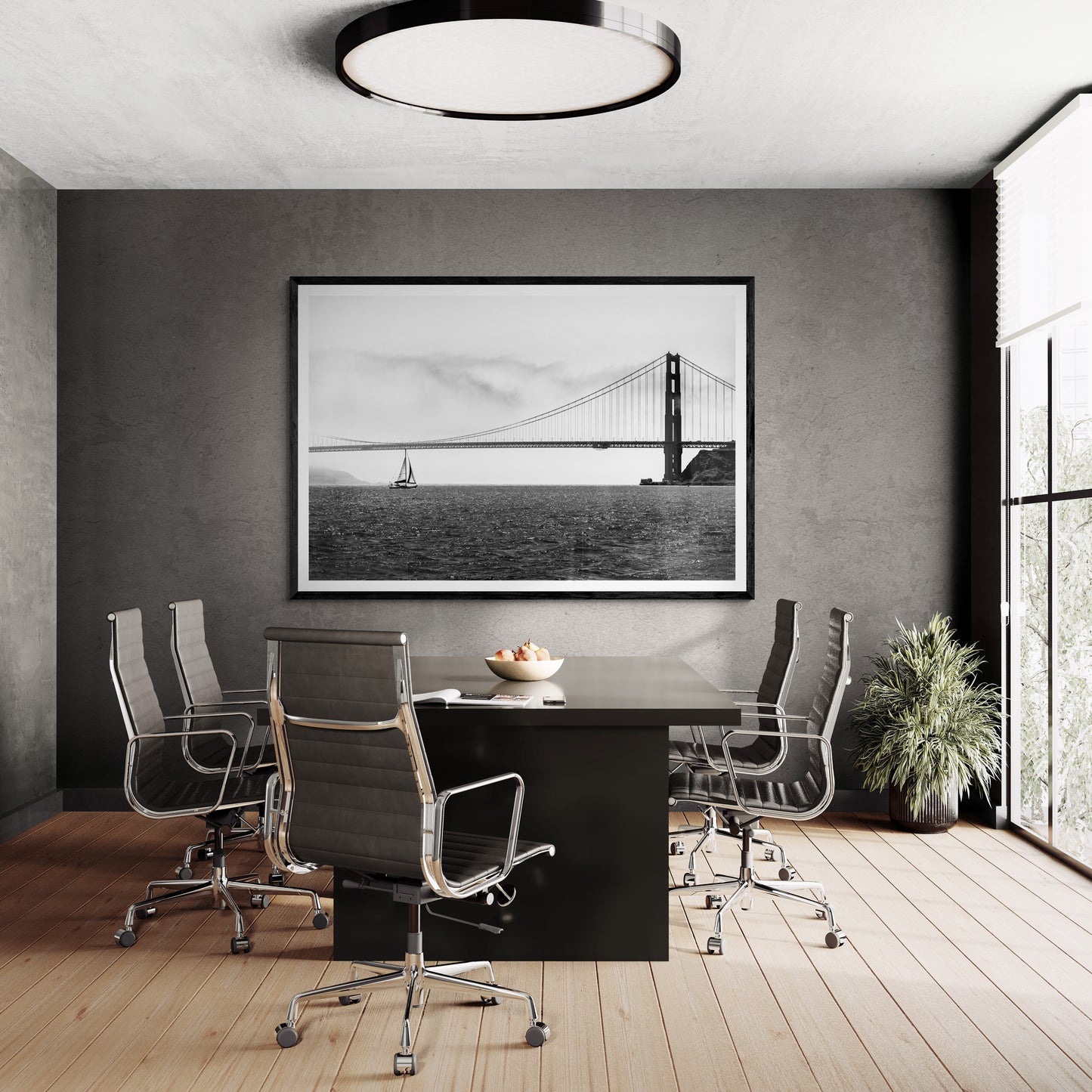 Black and white photograph of Golden Gate Bridge with sailboat, modern office decor