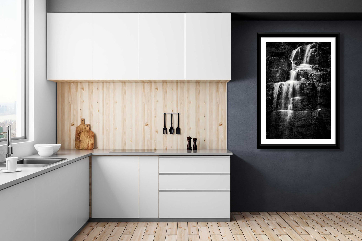 Woodland Cascade waterfall print by Michael Hart in a modern kitchen, combining fine art photography with sleek home decor aesthetics.