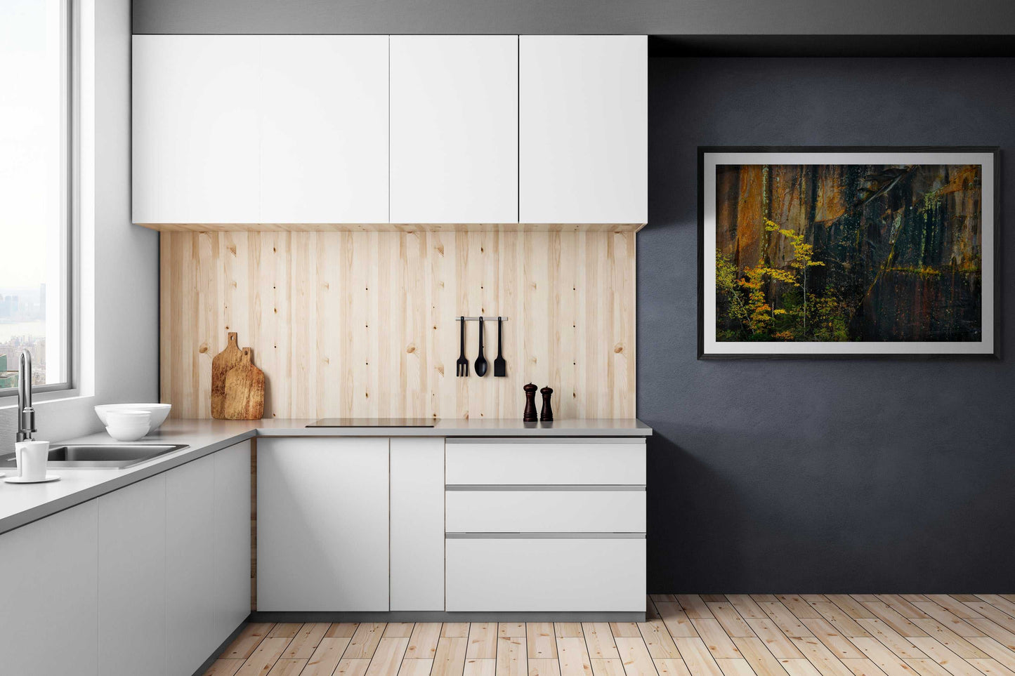 Quarry Wall #1 autumn stone texture artwork by Michael Hart framed in a sleek kitchen, blending fine art with minimalist home decor.