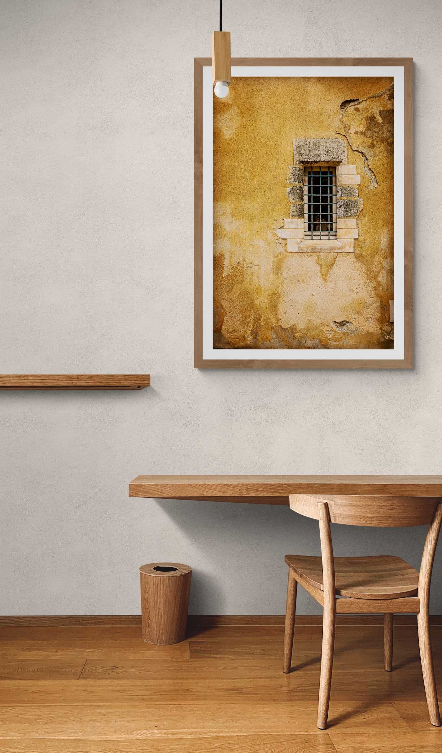 Golden Wall – Aged Texture and Light in Historic Troyes, France in a minimalist workspace, combining warm textures and historic charm with modern wooden furnishings.